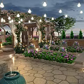 Stunning Courtyard Garden Featuring Pergola String Lights Colorful Flowers And Stone Paved Area