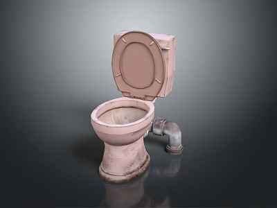 Old Worn Bathroom Toilet Furniture With Open Lid And Exposed Pipe 3d model