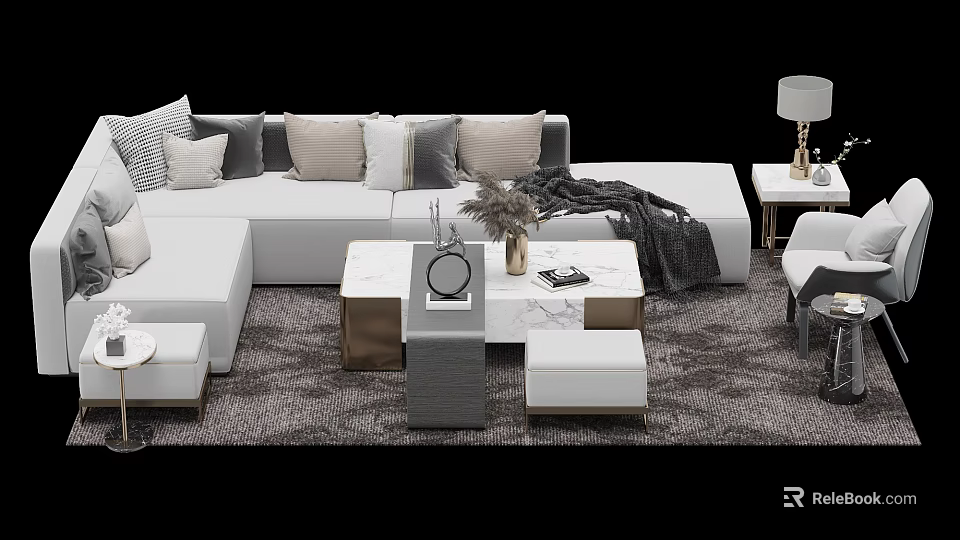 Modern Living Room Sofa Coffee Table Set With Marble Top Metal Frame And Throw Pillows 3d model