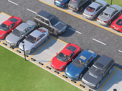 Various Colored Cars Parked In Organized Parking Lot With Green Lawn And Road Lines 3d model