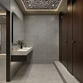 Modern Hot Pot Restaurant Corridor With Strip Lighting Gray Walls Tile Floor And Glass Doors