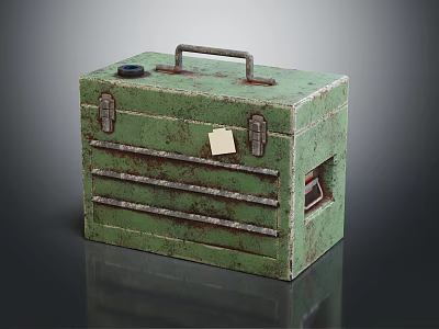 Green Vintage Metal Toolbox with Rustic Handle Latches and Small Tag 3d model
