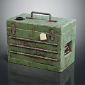 Green Vintage Metal Toolbox with Rustic Handle Latches and Small Tag