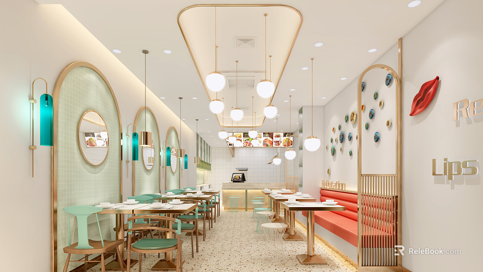 Stylish Restaurant Interior With Bright Pendant Lights Round Mirrors And Colorful Seats 3d model 