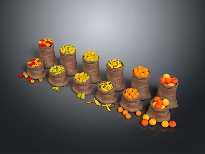 Fresh Assorted Fruits in Burlap Sacks with Scattered Colorful Produce 3d model