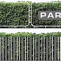 Lush Green Foliage Garden Wall With Vertical Railings And PARK Sign