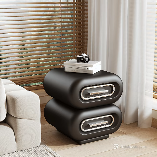 Modern Interior Black Stacked Nightstand With Books Camera Sofa And Wooden Floor 3d model 