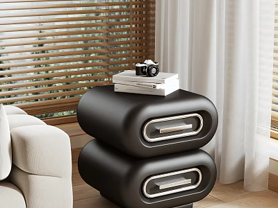 Modern Interior Black Stacked Nightstand With Books Camera Sofa And Wooden Floor 3d model