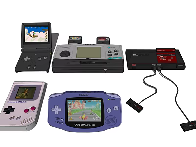 Vintage Entertainment Electronics Featuring Retro Handheld Game Consoles with Game Screens and Accessories 3d model