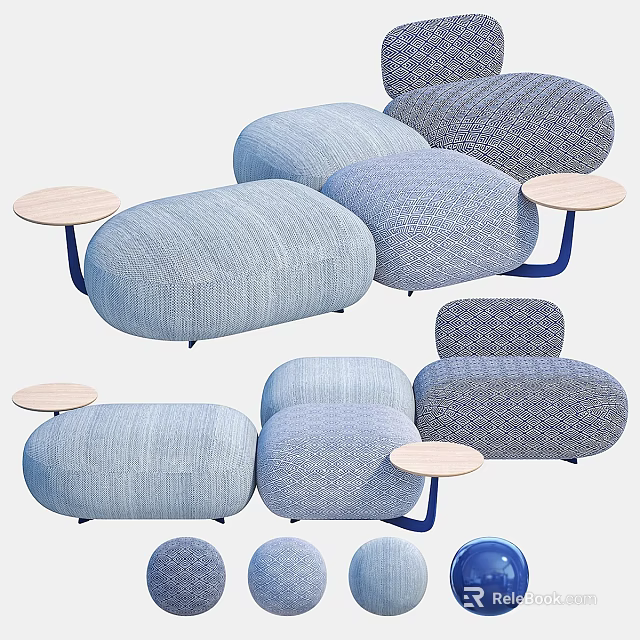 Modern Blue And Gray Fabric Modular Sofa Set With Small Wooden Side Tables 3d model