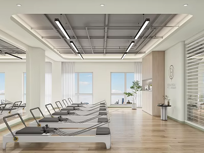 Modern Fitness Studio With Rowing Machines And Large Windows For Workouts 3d model