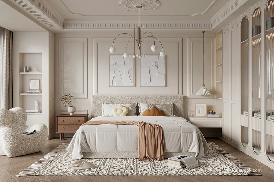 Modern Bedroom Interior Design With Neutral Bed Chandelier Wall Art Nightstands And Area Rug 3d model 