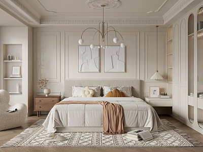 Modern Bedroom Interior Design With Neutral Bed Chandelier Wall Art Nightstands And Area Rug 3d model