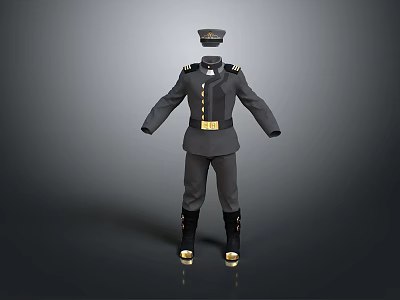Dark Formal Uniform With Golden Buttons Decorations Cap And Black Boots 3d model
