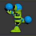 Green Robot Character Holding Blue Balls In Standing Pose On Dark Shiny Background