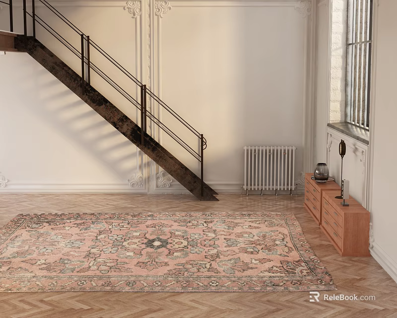 Living Room Interior Featuring Staircase Black Railing White Walls Herringbone Wooden Flooring Decorative Area Rug 3d model 