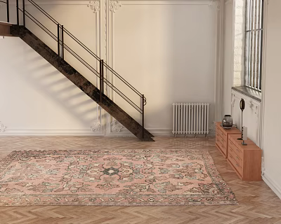 Living Room Interior Featuring Staircase Black Railing White Walls Herringbone Wooden Flooring Decorative Area Rug 3d model