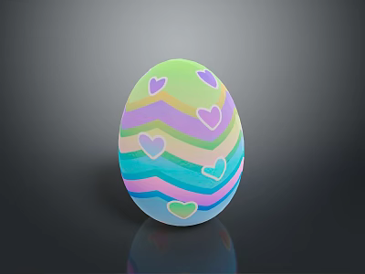 Easter Bunny Themed Painted Egg With Colorful Wavy Stripes And Heart Shapes 3d model