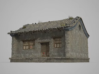 Ancient Traditional Brick House With Mossy Tile Roof Wooden Windows and Decorative Wooden Door 3d model