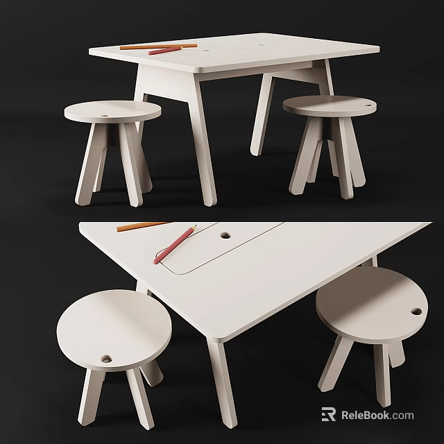 White Kids Table With Two Matching Stools Pencils And Paper On Top Surface 3d model 