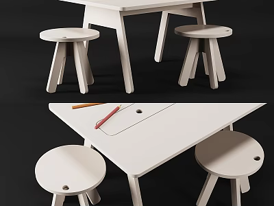 White Kids Table With Two Matching Stools Pencils And Paper On Top Surface 3d model