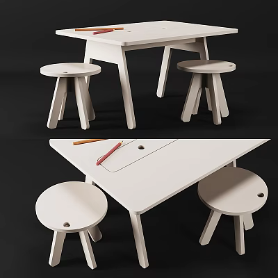 White Kids Table With Two Matching Stools Pencils And Paper On Top Surface 3d model