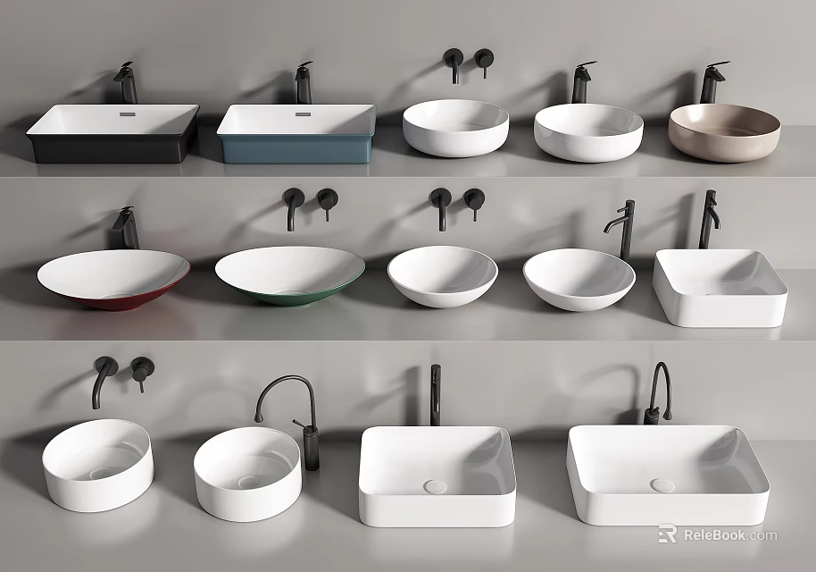 Collection Of Stylish Modern Washbasins With Various Shapes Colors And Faucets 3d model 