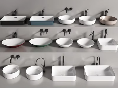 Collection Of Stylish Modern Washbasins With Various Shapes Colors And Faucets 3d model