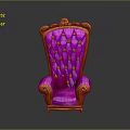 Elegant Ornate Purple Chair With Intricate Wooden Carved Armrests And Gold Buttons