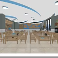 School Dining Hall Spacious Interior With Wooden Tables Chairs Curved Blue Ceiling And Round Lights