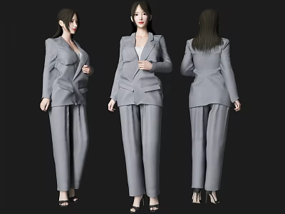 Woman in Gray Suit Set with Blazer Pants and High Heels Front Side Back Views 3d model