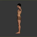 Shirtless Man Standing With Arms Outstretched In Brown Shorts On Grey Background