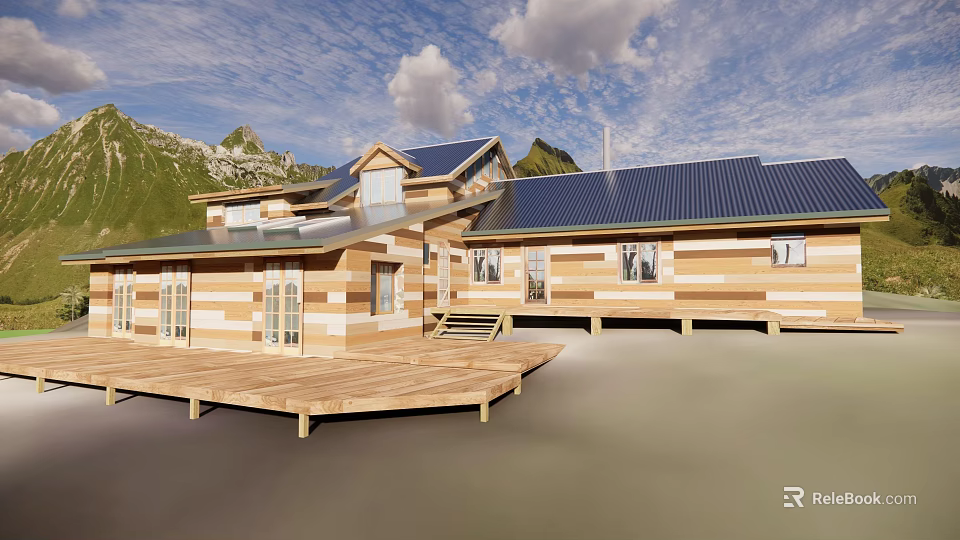 Wooden Detached Villa With Dark Roof Mountain View Blue Sky And Wooden Deck 3d model 