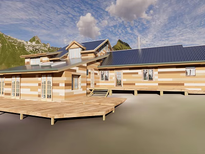Wooden Detached Villa With Dark Roof Mountain View Blue Sky And Wooden Deck 3d model