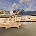 Wooden Detached Villa With Dark Roof Mountain View Blue Sky And Wooden Deck