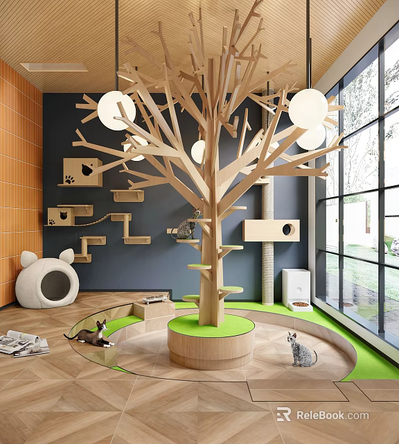 Indoor Cat Play Area With Wooden Tree Structure Wall Mounted Houses And Green Base 3d model 