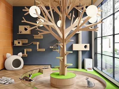 Indoor Cat Play Area With Wooden Tree Structure Wall Mounted Houses And Green Base 3d model