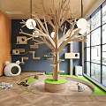 Indoor Cat Play Area With Wooden Tree Structure Wall Mounted Houses And Green Base