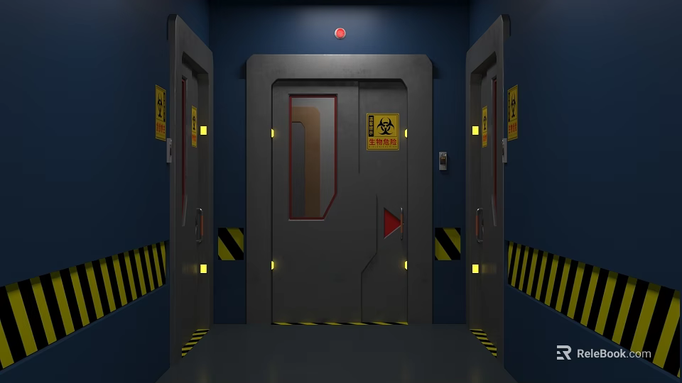 Elevator Hallway With Blue Walls Gray Doors Yellow Black Warning Stripes And Signs 3d model 