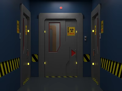 Elevator Hallway With Blue Walls Gray Doors Yellow Black Warning Stripes And Signs 3d model