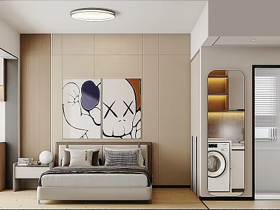 Modern Apartment Bedroom With Art And Laundry Area 3d model
