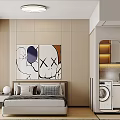 Modern Apartment Bedroom With Art And Laundry Area 3d model
