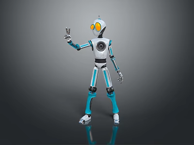 Robot Character With White And Blue Body And Orange Eyes Raising Hand On Reflective Floor 3d model
