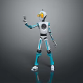 Robot Character With White And Blue Body And Orange Eyes Raising Hand On Reflective Floor