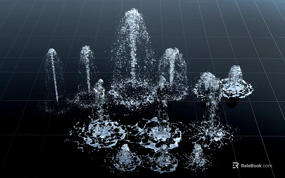 3D Rendered Fountains Spraying Water on Black Grid Background with Splashing Effects 3d model 