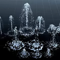 3D Rendered Fountains Spraying Water on Black Grid Background with Splashing Effects
