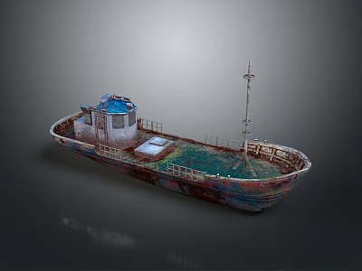 Rusted Old Ship With Weathered Hull Blue Red Color And Mast 3d model