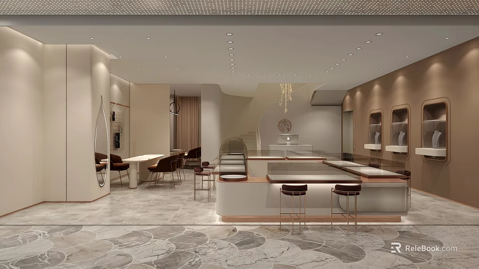 Luxury Modern Jewelry Store Interior with Marble Counter Display Cases and Elegant Lighting 3d model 