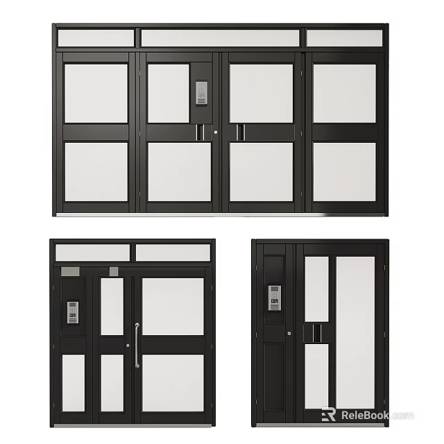 Modern Black Double Doors Design With Glass Panels And Silver Handles 3d model 
