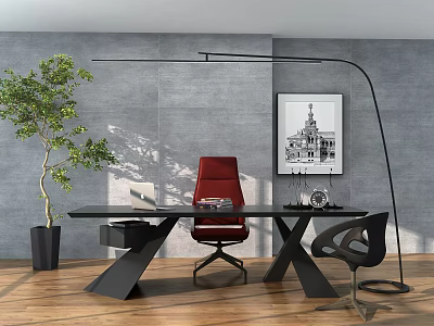 Modern Office Desk With Red Chair Black Chair Laptop Green Plant Gray Wall Painting 3d model